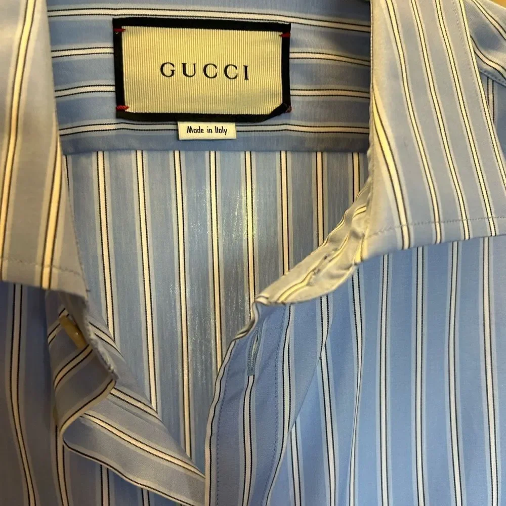 Men’s Gucci, blue stripe button up cotton shirt, size 56 made in Italy